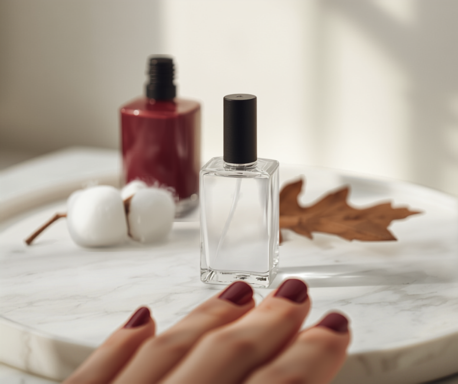 a bottle of deep red nail polish and a clear top coat bottle on a marble tray with cotton balls and a fall leaf, a hand with freshly painted burgundy nails resting beside them