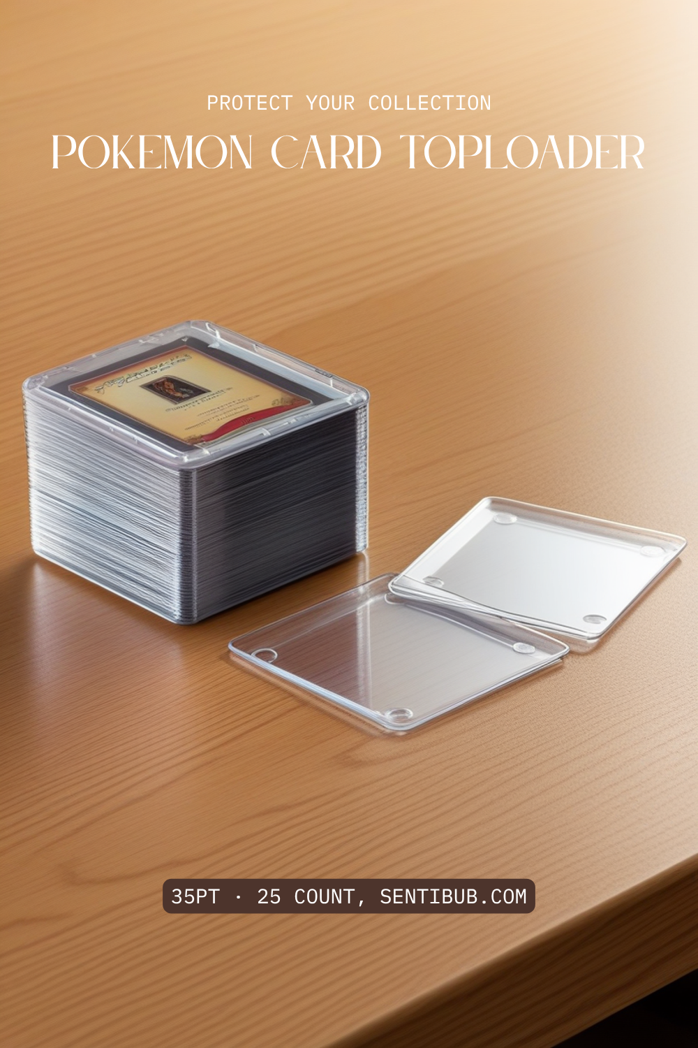clear pokemon card toploaders stacked on a wood desk, one card inside a rigid shell