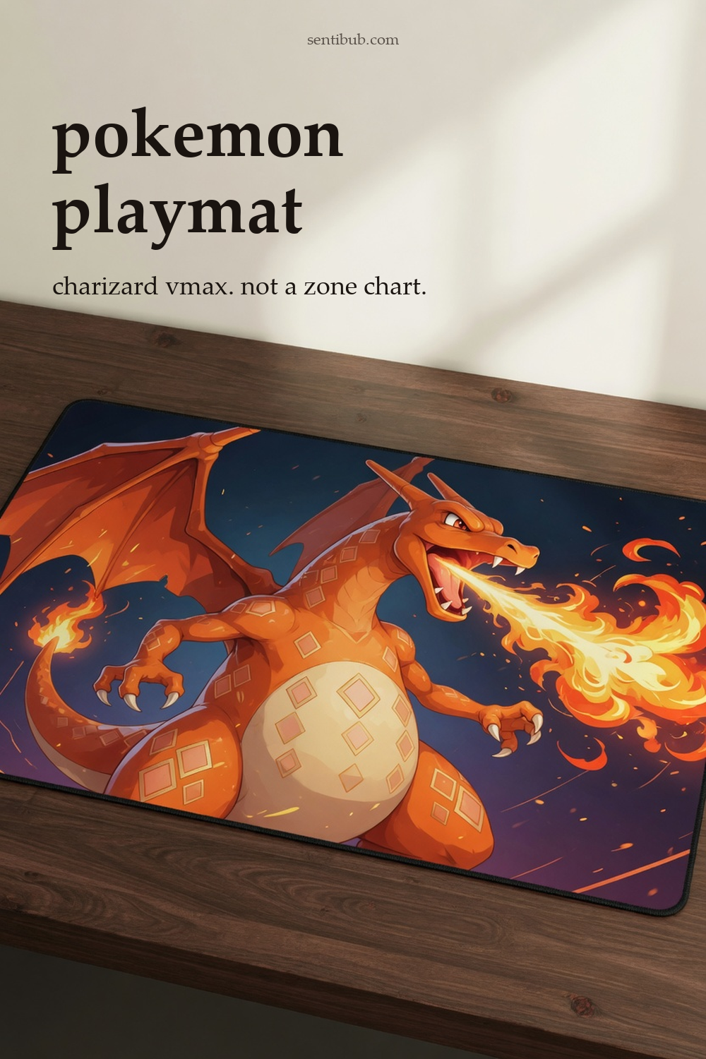 pokemon playmat, a charizard vmax illustration on a wide mat on a wood desk