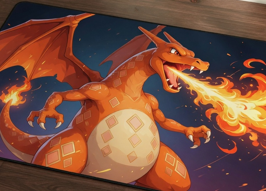 pokemon playmat showing charizard vmax on a wood desk