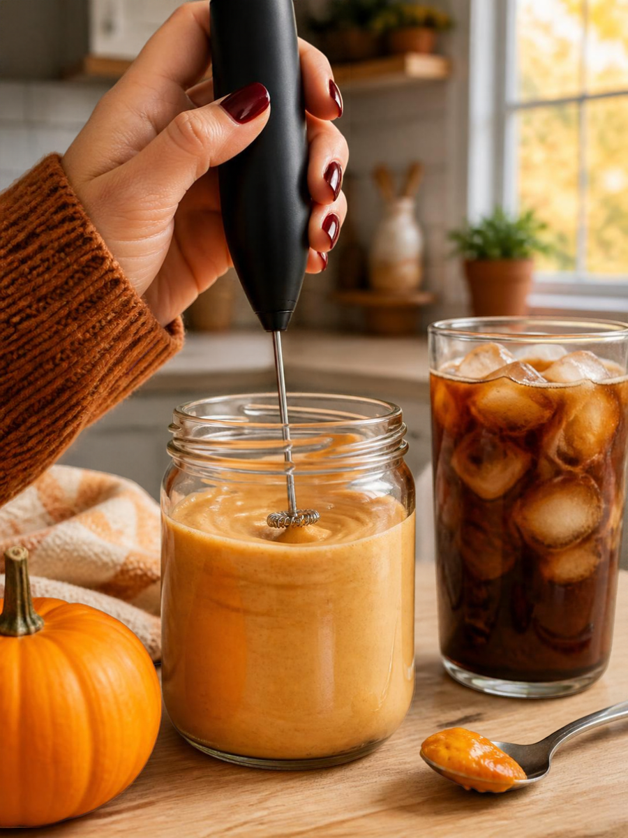 hand with glossy wine red nails holding a black handheld milk frother in a glass jar of pale orange pumpkin cream, next to a glass of iced cold brew and a small pumpkin