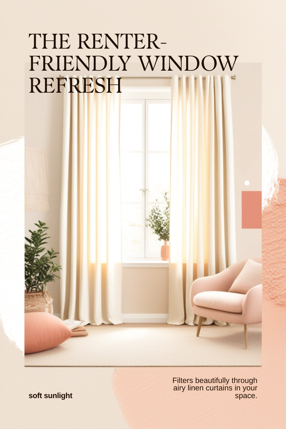 a bright rental window dressed with airy cream linen curtains filtering warm sunlight into a cozy, softly styled room