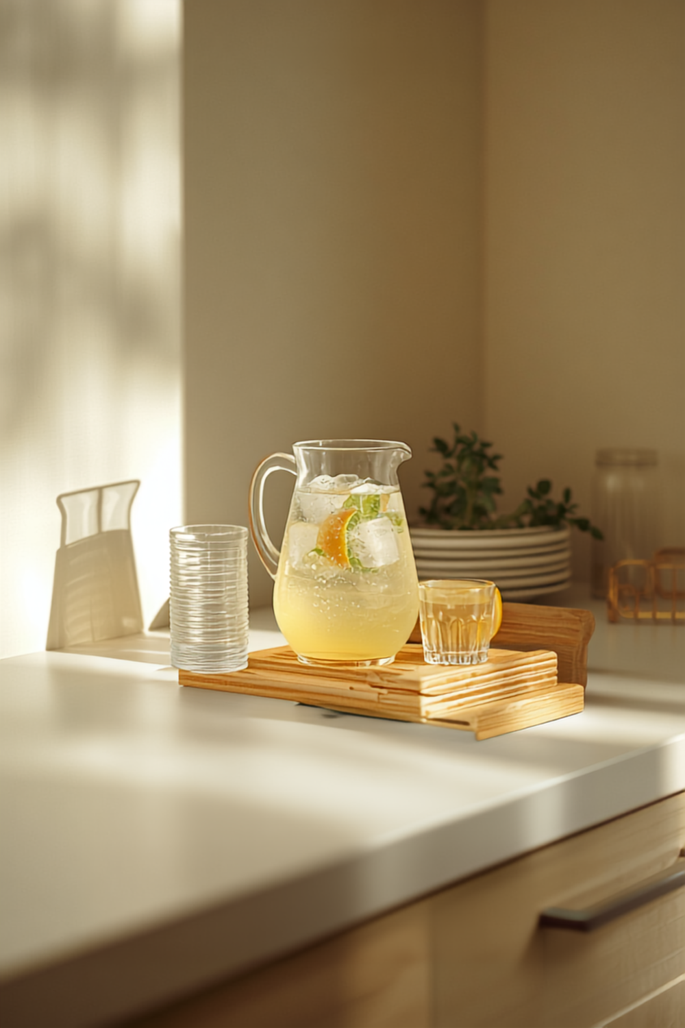 apartment kitchen counter hydration station — glass pitcher of citrus water with ice spheres, silicone ice molds, and matching cups in bright afternoon light
