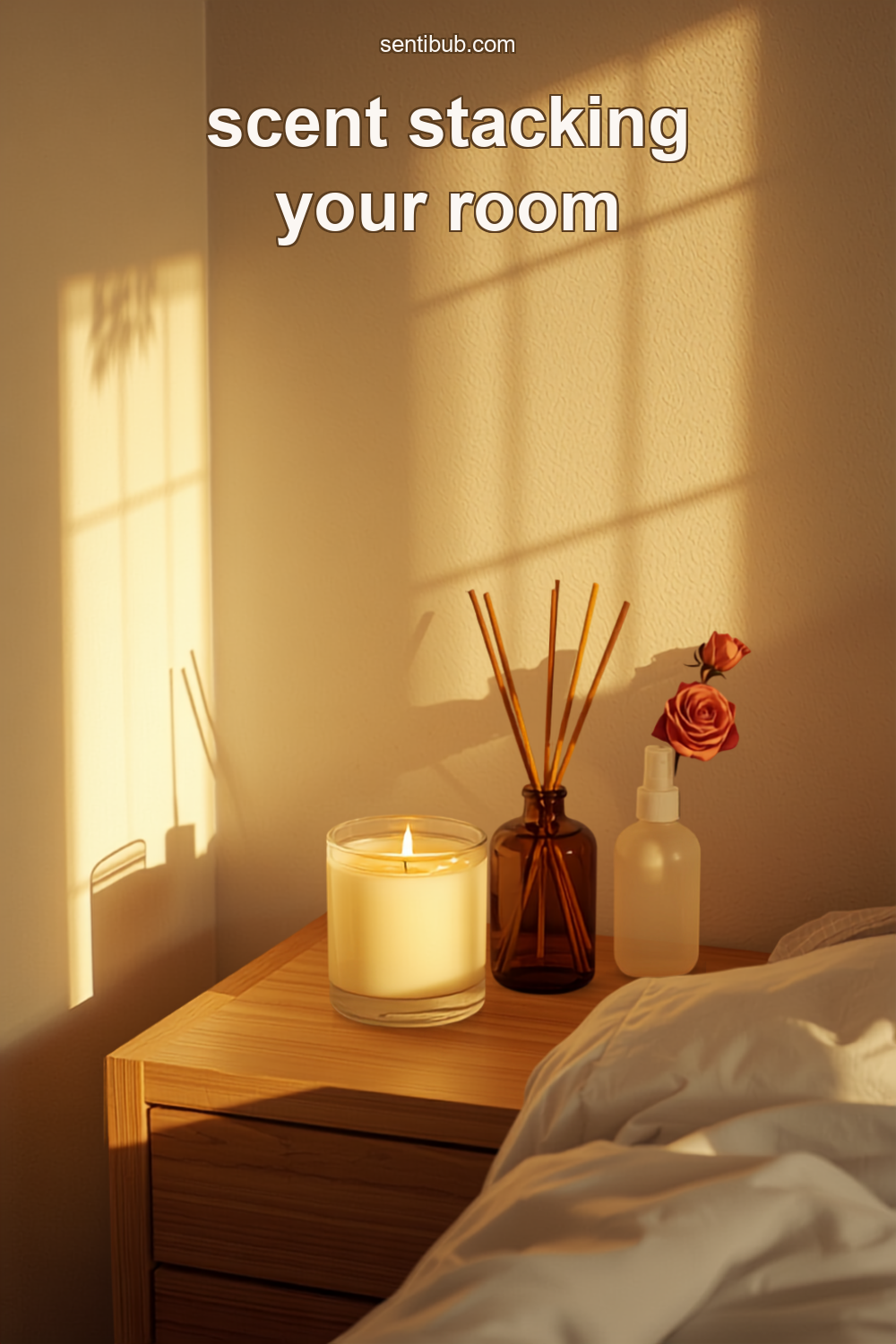 a scent stacking setup on a wooden nightstand in golden light — a lit cream candle, an amber glass reed diffuser with reed sticks, a frosted glass room spray bottle and coral roses