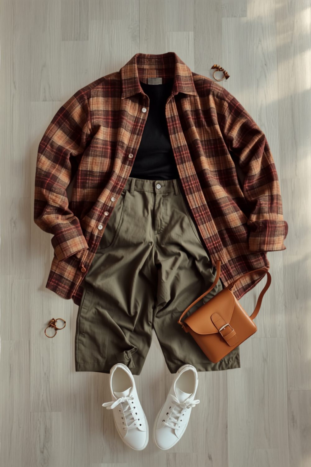 an oversized brown plaid shacket hung open over a fitted black top, olive cargo shorts, white sneakers and a small crossbody bag laid out on pale oak in warm afternoon light