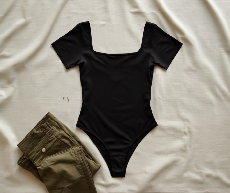 a fitted black square-neck short-sleeve bodysuit laid flat on cream linen next to a folded pair of olive cargo pants and small gold earrings