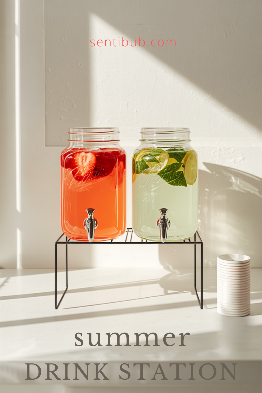 summer drink station — two glass mason-jar drink dispensers with strawberry lemonade and cucumber-mint water on a sunlit counter