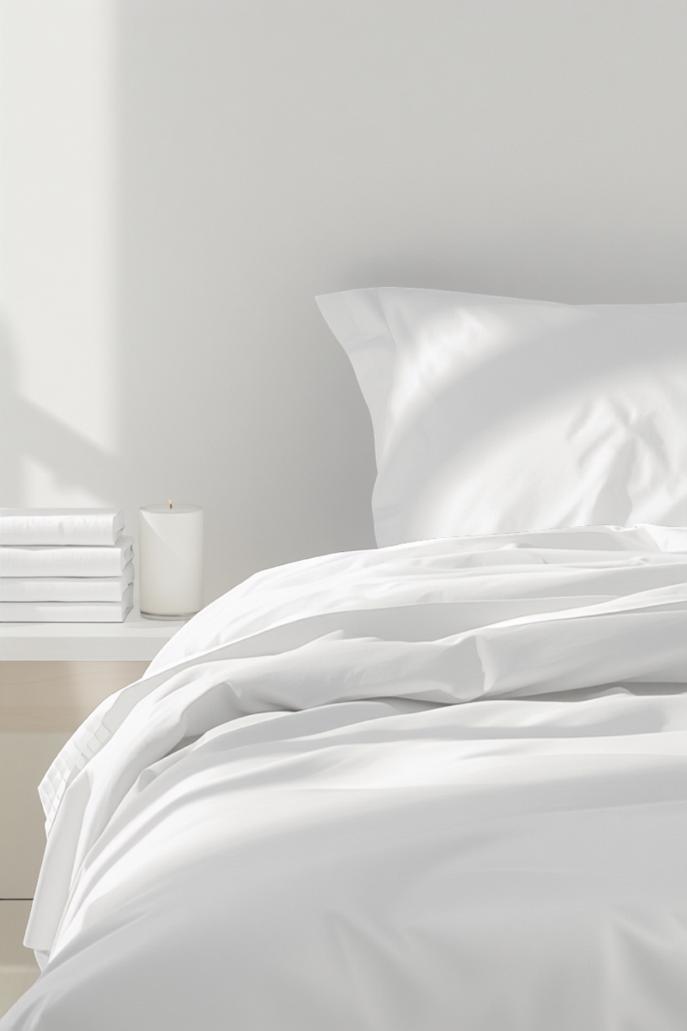 crisp white bedding being smoothed on a bed in soft morning light, with a lit candle and a folded stack of towels on the nightstand