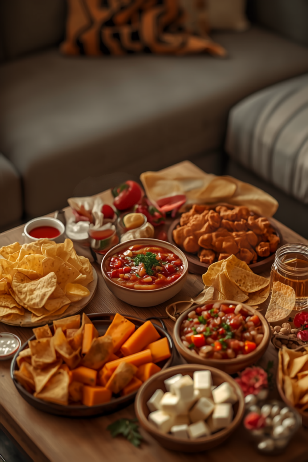 apartment gameday snacks ideas — neutral bowls of popcorn, hummus, and cut vegetables on a small counter with no team logos