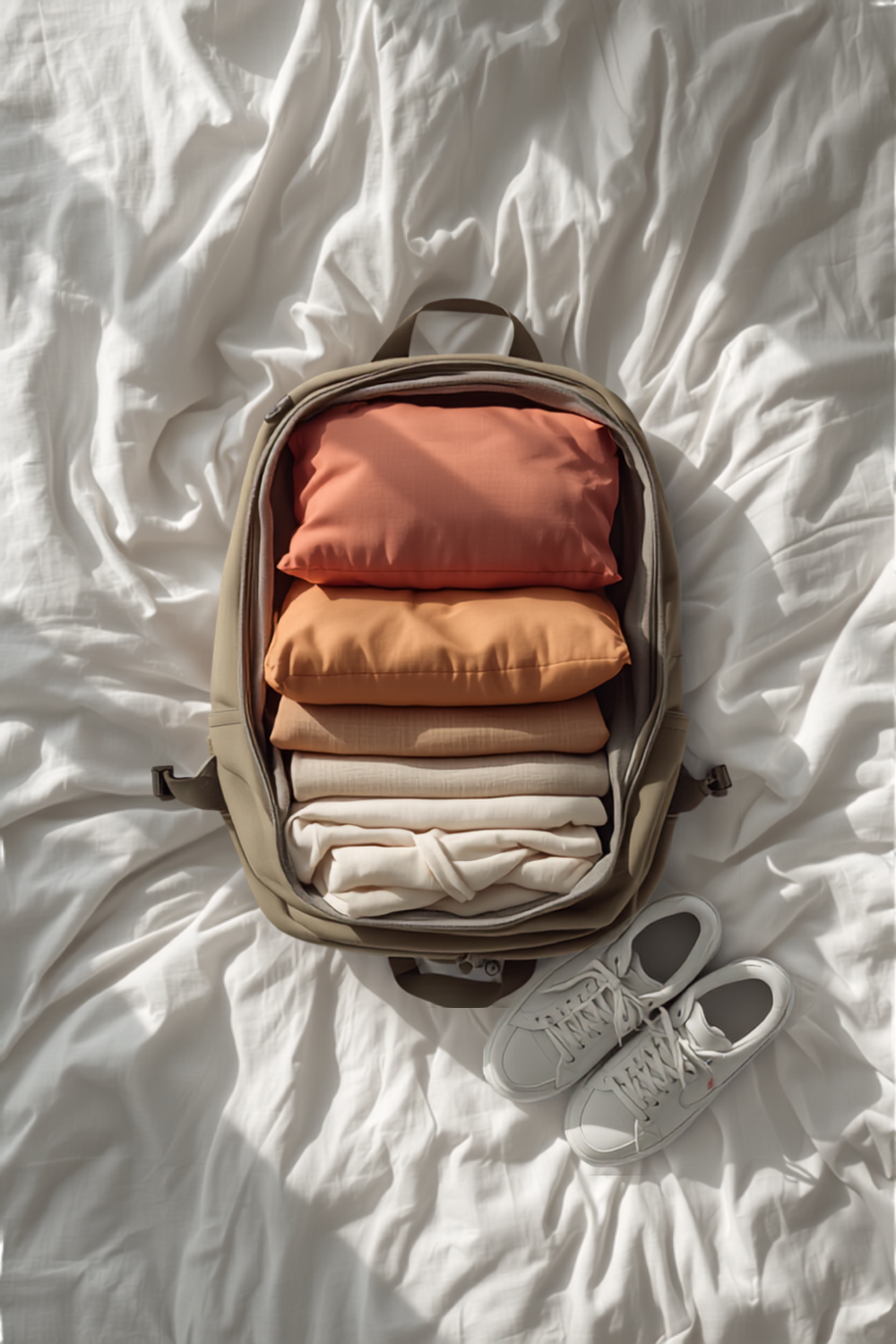 an open pink travel backpack packed with rolled clothes in packing cubes and a laptop, laid out on a bed before a weekend trip