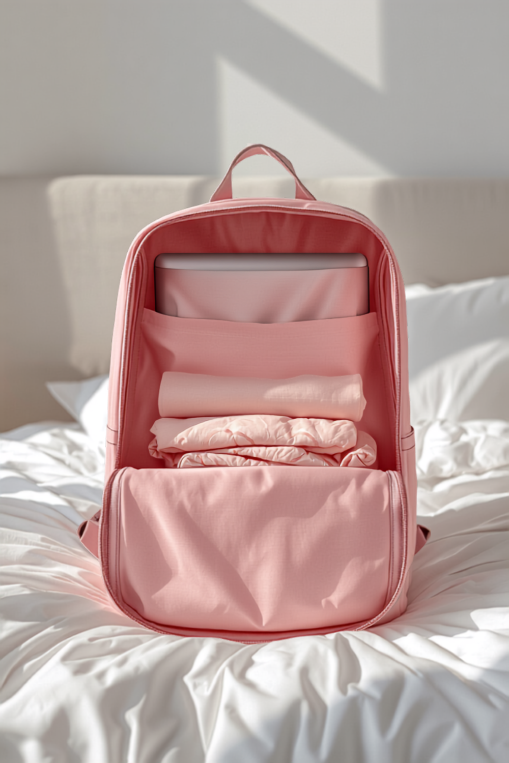 a pink travel backpack standing open to show three packing compartments filled with folded clothes, a laptop in the padded back slot and a water bottle in the side pocket