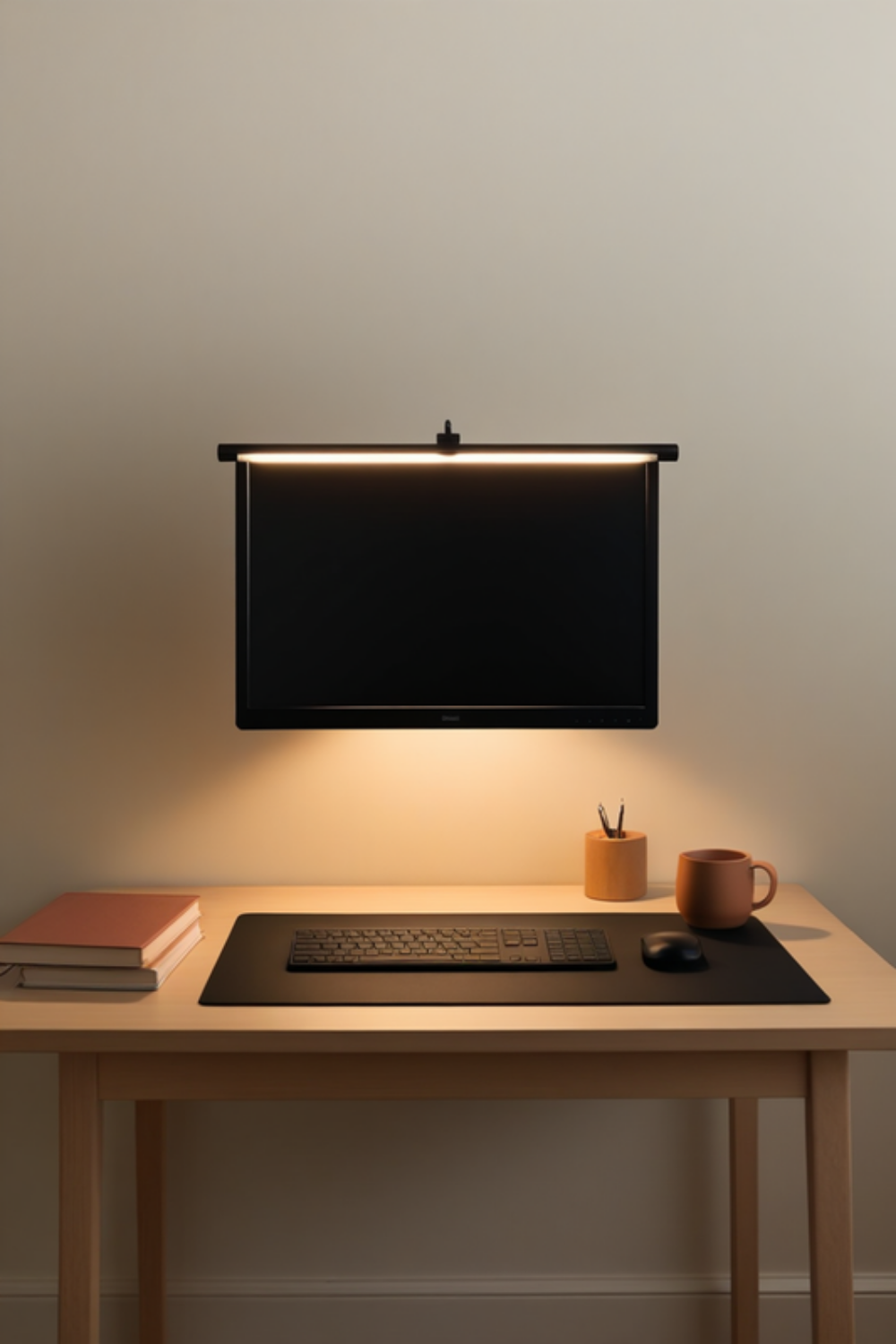 a cozy desk setup at dusk — a warm light bar clipped to the top of a monitor casting soft light down onto a dark leather desk mat, a keyboard, a small ceramic mug and a stack of two books, with no cords visible