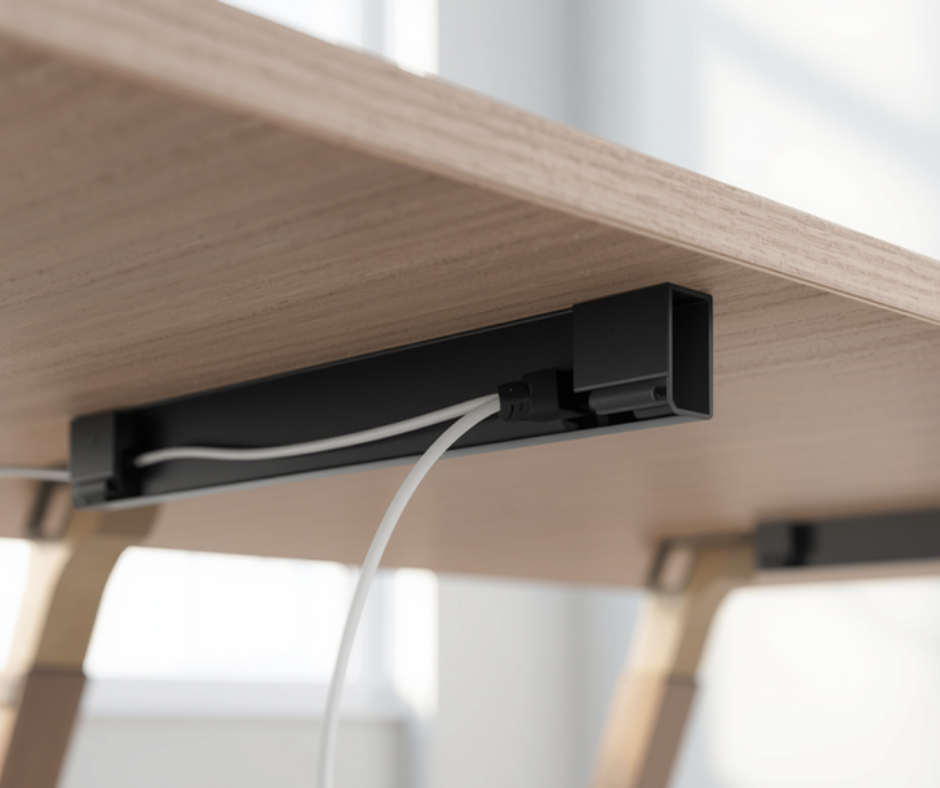 a black cable raceway channel mounted to the underside of a pale wood desk with a white cable tucked into it, viewed from below in soft window light