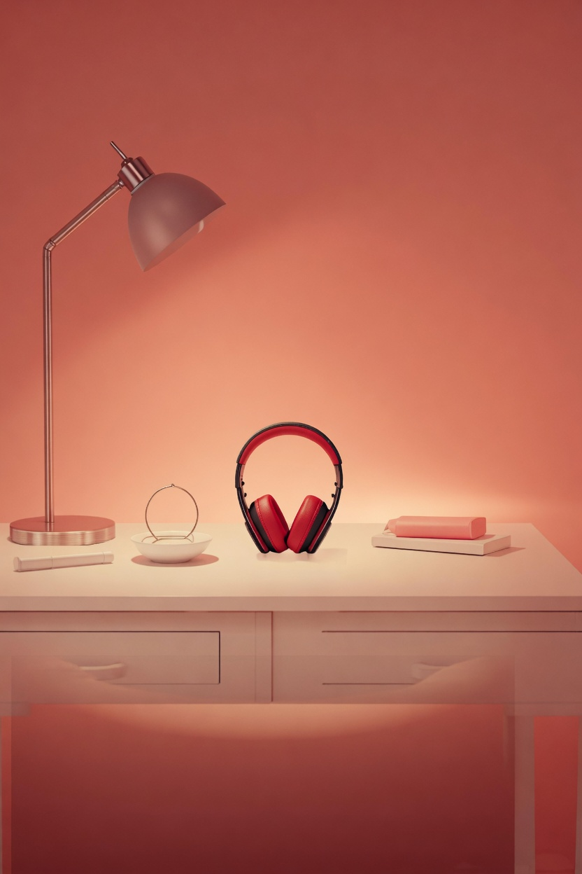 a red and black wireless headset standing on a white desk against a coral wall, with a jewelry dish, lip balm, pink books, and a warm lamp