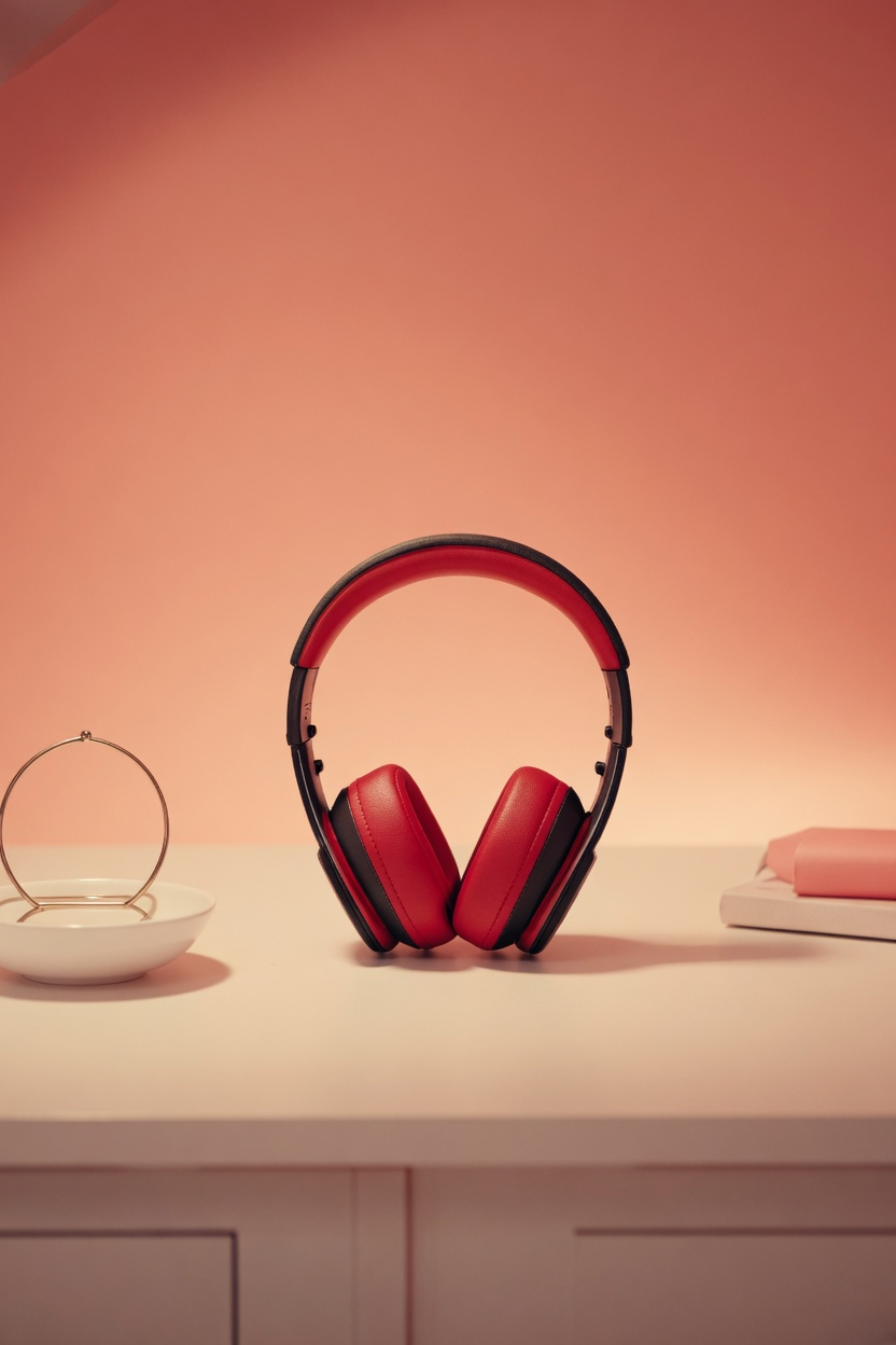 close-up of a red and black wireless headset on a white desk next to a jewelry dish and pink books, coral wall behind it